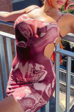 Burgundy Sexy Print Bandage Backless Spaghetti Strap Sleeveless Dress Dresses