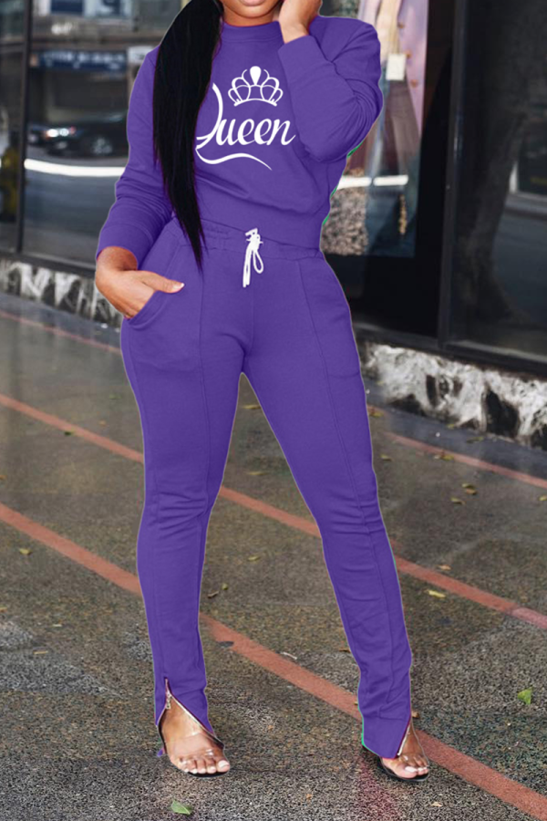 Purple Casual Print Patchwork O Neck Long Sleeve Two Pieces