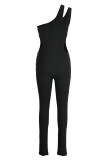 Black Sexy Casual Solid Hollowed Out Backless One Shoulder Skinny Jumpsuits