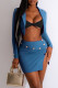 Peacock Blue Sexy Solid Rivets Patchwork Slit Turn-back Collar Long Sleeve Two Pieces