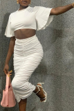 White Sexy Solid Fold O Neck Short Sleeve Two Pieces