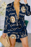 The cowboy blue Casual Print Patchwork Buckle Turndown Collar Straight Dresses