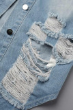 Deep Blue Fashion Casual Solid Ripped Turndown Collar Long Sleeve Regular Denim Jacket