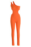Orange Sexy Casual Solid Hollowed Out Backless One Shoulder Skinny Jumpsuits
