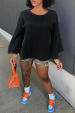 Black Casual Solid Patchwork O Neck Tops