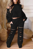 Black Casual Street Solid Hollowed Out Patchwork O Neck Long Sleeve Two Pieces