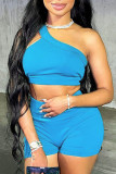 Blue Sexy Sportswear Solid Patchwork Oblique Collar Sleeveless Two Pieces