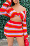Red Sexy Striped Print Patchwork V Neck Long Sleeve Two Pieces