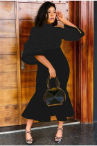 Black Fashion Half Sleeves Turtleneck Mermaid Mid-Calf ruffle 
