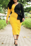 Yellow Casual Solid Patchwork Contrast V Neck Long Sleeve Dresses