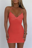 Apricot Sexy Solid Bandage Backless Cold Shoulder Sling Dress Dresses