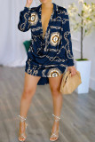 The cowboy blue Casual Print Patchwork Buckle Turndown Collar Straight Dresses