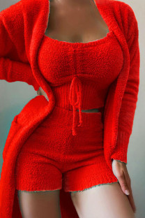 Red Sexy Solid Patchwork Spaghetti Strap Long Sleeve Three Pieces
