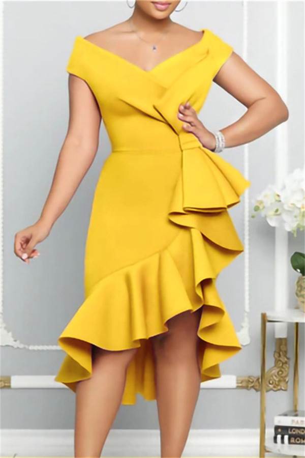 Yellow Sexy Formal Solid Patchwork Asymmetrical V Neck Evening Dress