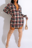 Green Casual Plaid Print Patchwork Buckle Turndown Collar Shirt Dress Dresses
