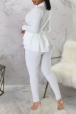 White Sexy Solid Patchwork Flounce V Neck Long Sleeve Two Pieces