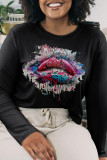 Navy Blue Casual Lips Printed Patchwork O Neck Tops