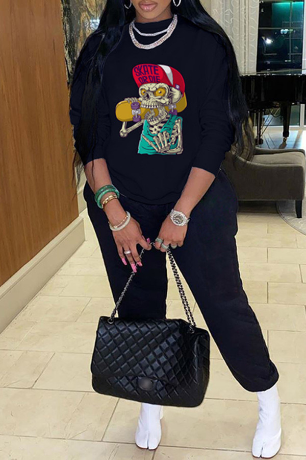 Black Casual Print Patchwork Basic O Neck Long Sleeve Two Pieces