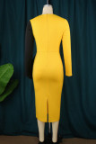 Yellow Casual Solid Patchwork Contrast V Neck Long Sleeve Dresses