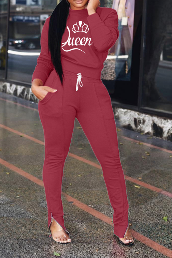 Burgundy Casual Print Patchwork O Neck Long Sleeve Two Pieces