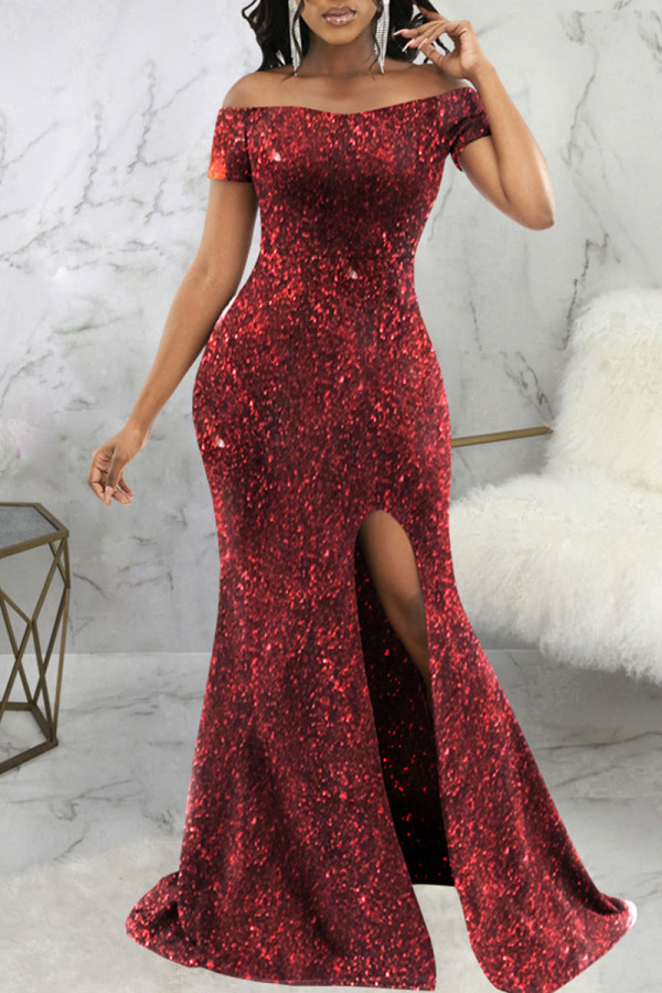 Burgundy Sexy Solid Patchwork Slit Off the Shoulder Evening Dress Dresses