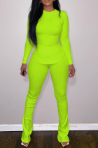 Fluorescent Yellow Casual Solid Patchwork O Neck Two Pieces
