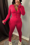 Rose Red Casual Sportswear Solid Patchwork Zipper Collar Long Sleeve Two Pieces