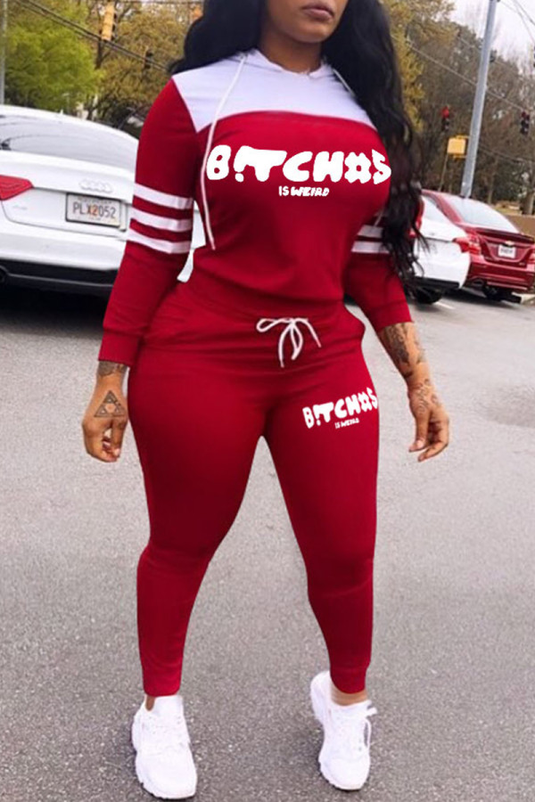 Red Casual Letter Print Patchwork Hooded Collar Long Sleeve Two Pieces