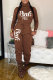 Coffee Casual Print Patchwork Letter Turtleneck Long Sleeve Two Pieces