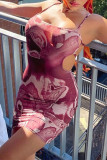 Burgundy Sexy Print Bandage Backless Spaghetti Strap Sleeveless Dress Dresses