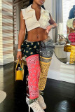 Rose Red Casual Print Patchwork Regular Mid Waist Trousers