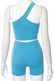 Blue Sexy Sportswear Solid Patchwork Oblique Collar Sleeveless Two Pieces