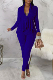 Blue Sexy Solid Patchwork Flounce V Neck Long Sleeve Two Pieces