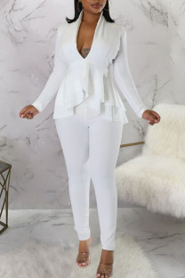 White Sexy Solid Patchwork Flounce V Neck Long Sleeve Two Pieces