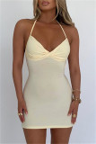Apricot Sexy Solid Bandage Backless Cold Shoulder Sling Dress Dresses