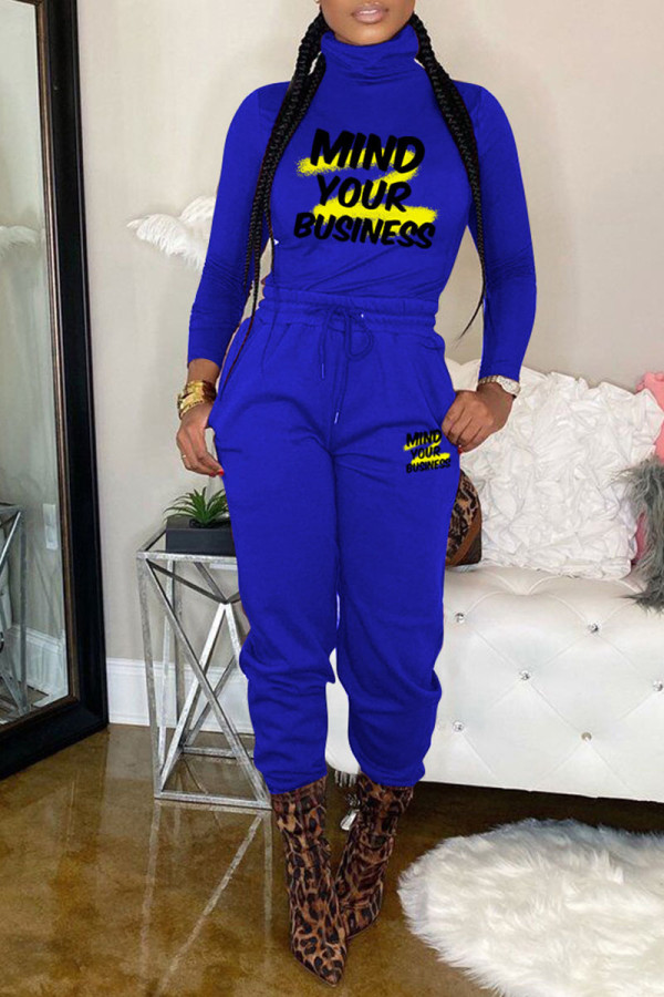 Deep Blue Casual Print Patchwork Turtleneck Long Sleeve Two Pieces