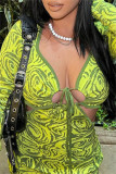Green Sexy Print Bandage Hollowed Out Patchwork V Neck Long Sleeve Dresses