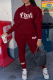 Burgundy Casual Print Letter Hooded Collar Long Sleeve Two Pieces