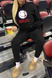 Black Casual Daily Print Patchwork Hooded Collar Long Sleeve Two Pieces