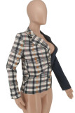 White Casual Plaid Print Patchwork Cardigan Turn-back Collar Outerwear