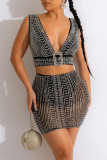 Black Sexy Patchwork Hot Drilling See-through Backless V Neck Sleeveless Two Pieces