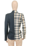 Khaki Casual Plaid Print Patchwork Cardigan Turn-back Collar Outerwear
