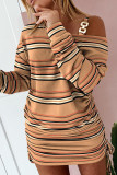 Orange Pink Sexy Print Bandage Patchwork Oblique Collar Dresses