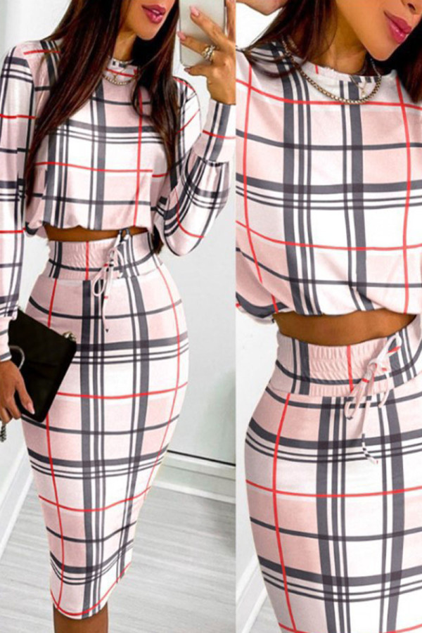 Pink Casual Print Patchwork O Neck Long Sleeve Two Pieces
