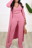 Pink Casual Solid Patchwork U Neck Long Sleeve Three-piece Set