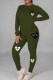 Army Green Casual Print Patchwork O Neck Long Sleeve Two Pieces