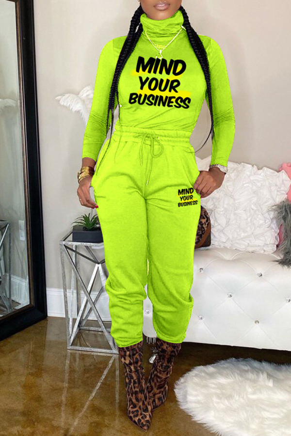 Fluorescent Green Casual Print Patchwork Turtleneck Long Sleeve Two Pieces
