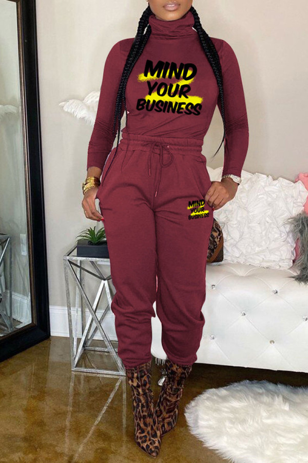 Burgundy Casual Print Patchwork Turtleneck Long Sleeve Two Pieces