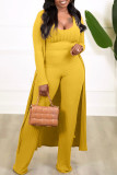 Yellow Casual Solid Patchwork U Neck Long Sleeve Three-piece Set