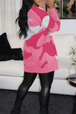 Pink Casual Print Cardigan Plus Size Overcoat